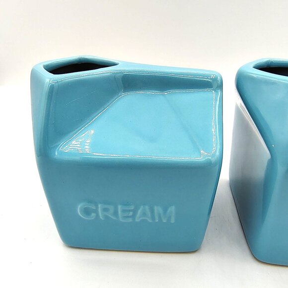 Ceramic Cream Carton Pitchers Turquoise Blue Set of 2, Modern Mid-Century Style - Picture 2 of 11
